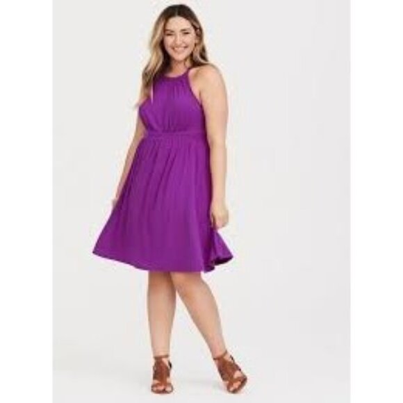 Purple Halter Neck 3 Plus Size Dress With Elastic Waist & Crossback - Picture 1 of 8